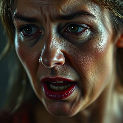 Gros plan d'une actrice en train d'interpréter un monologue intense, son visage montrant une gamme d'émotions.