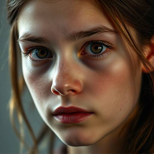 Gros plan sur le visage d'une jeune actrice passant une audition, l'expression concentrée et déterminée.