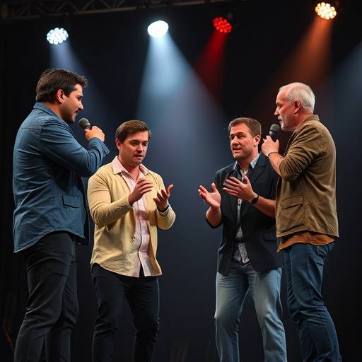Image d'une performance d'improvisation avec quatre acteurs sur scène interagissant de manière dynamique et comique.