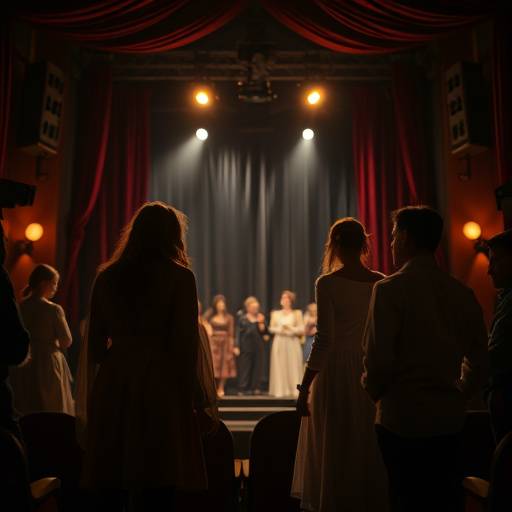Image des coulisses d'une pièce de théâtre, montrant les costumes et les accessoires prêts à être utilisés.