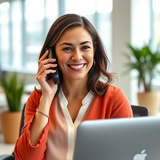 Image montrant une femme souriante au téléphone dans un bureau moderne, représentant le contact avec l'Académie des Arts Scéniques.