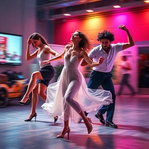 Photo d'une scène de danse contemporaine avec des danseurs en mouvement fluide et expressif, éclairés par des lumières colorées.