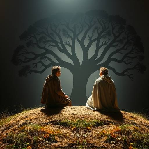 Photo d'une scène de 'En attendant Godot' avec deux personnages principaux assis sur une butte, un arbre stylisé à l'arrière-plan.
