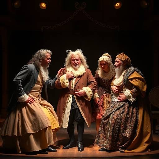 Photo d'une scène de 'Le Misanthrope' de Molière, montrant les acteurs en costumes d'époque dans un décor riche et détaillé.