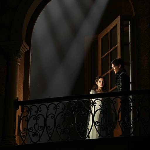 Photo de la scène d'une représentation de 'Roméo et Juliette' avec Juliette au balcon et Roméo en bas, éclairés par des projecteurs doux.