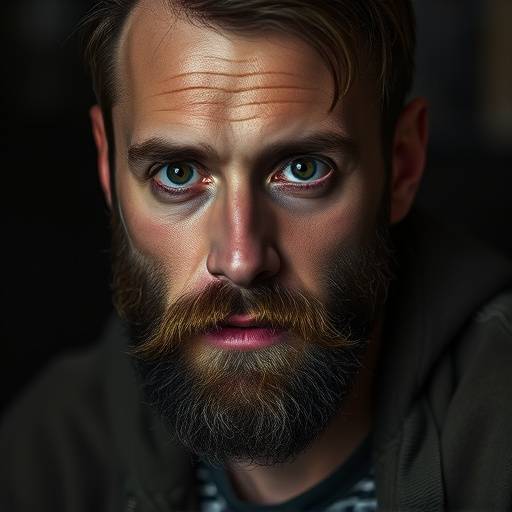 Portrait d'Antoine Leclerc, un instructeur de cinéma avec une barbe soignée et un regard intense.