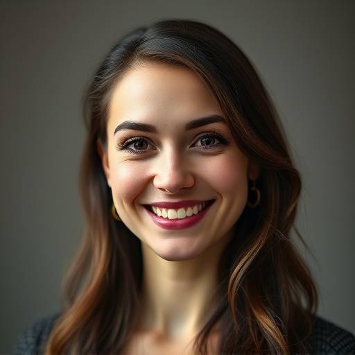 Portrait d'Isabelle Dupont, une instructrice de théâtre souriante avec les cheveux bruns.