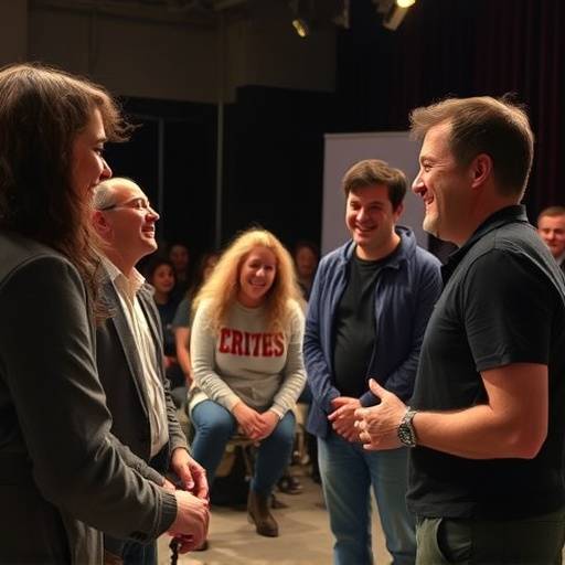 Un groupe d'acteurs participant à un atelier d'improvisation, riant et interagissant sur scène.