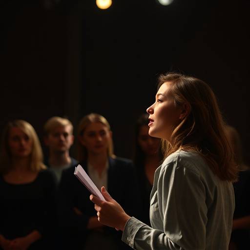 Une jeune femme passant une audition pour une pièce de théâtre, avec un jury attentif observant sa performance. L'éclairage est concentré sur elle, créant une atmosphère d'anticipation.
