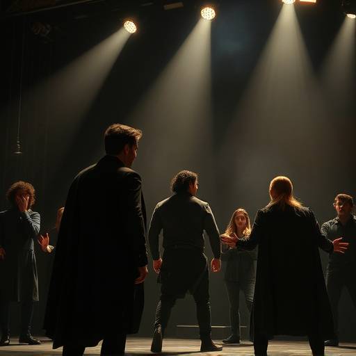 Une scène de théâtre illuminée avec des acteurs en pleine performance, capturant un moment dramatique et intense.