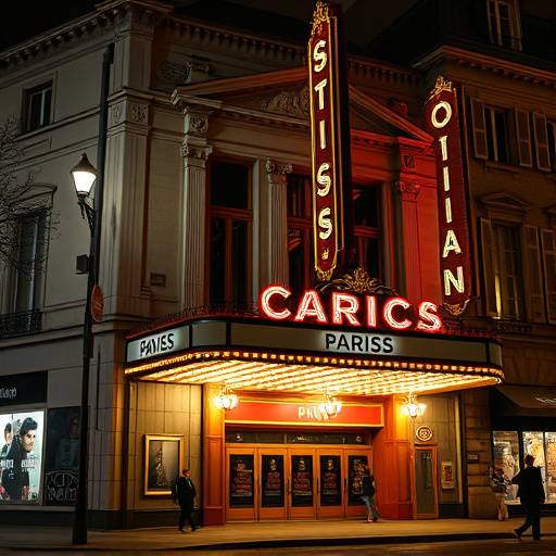 Une vue extérieure d'un théâtre parisien illuminé la nuit, avec des affiches de spectacles à l'affiche.
